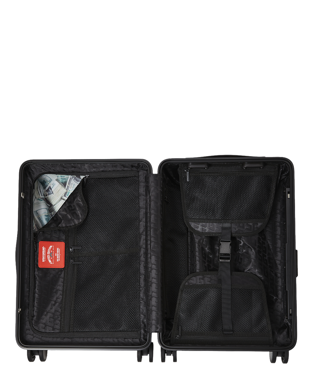 SPRAYGROUND® LUGGAGE CARGO PATCHES SHARKITECTURE CARRY-ON LUGGAGE BLACK WITH EXTRA STICKERS
